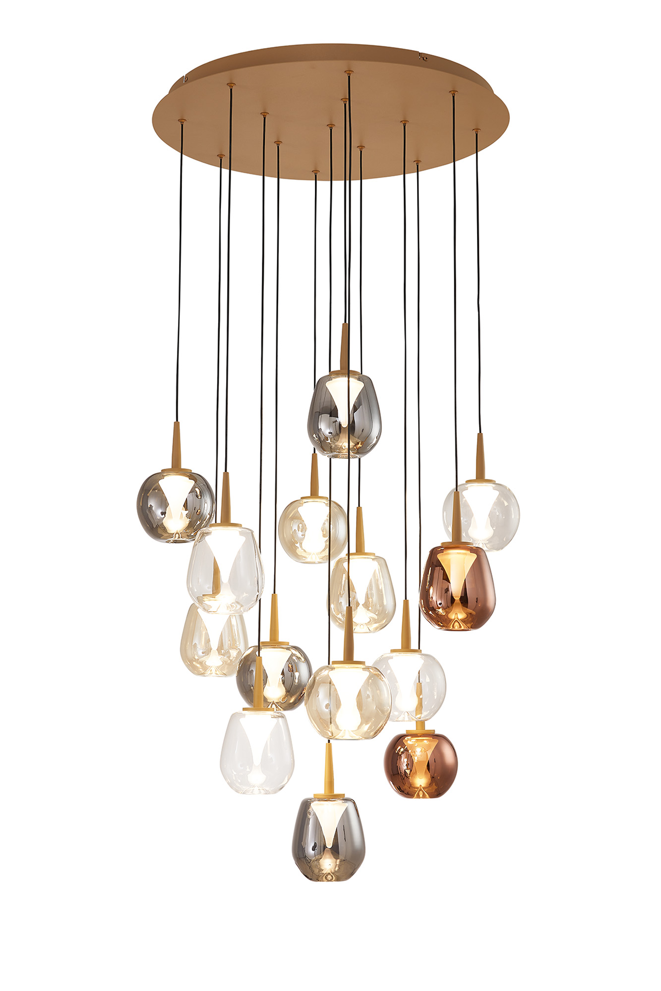 MK0007  Andromeda 68cm Round Pendant, 14 x 5W LED, 3000K, 7050lm, Light Gold/Copper/Chrome/Amber/Clear/Frosted 3yrs Warranty